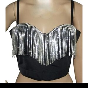 Black Rhinestone Embellished Women's Top